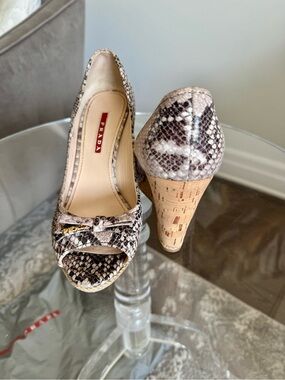 Prada Snake-Print Peep-Toe Wedges in Beige and Brown